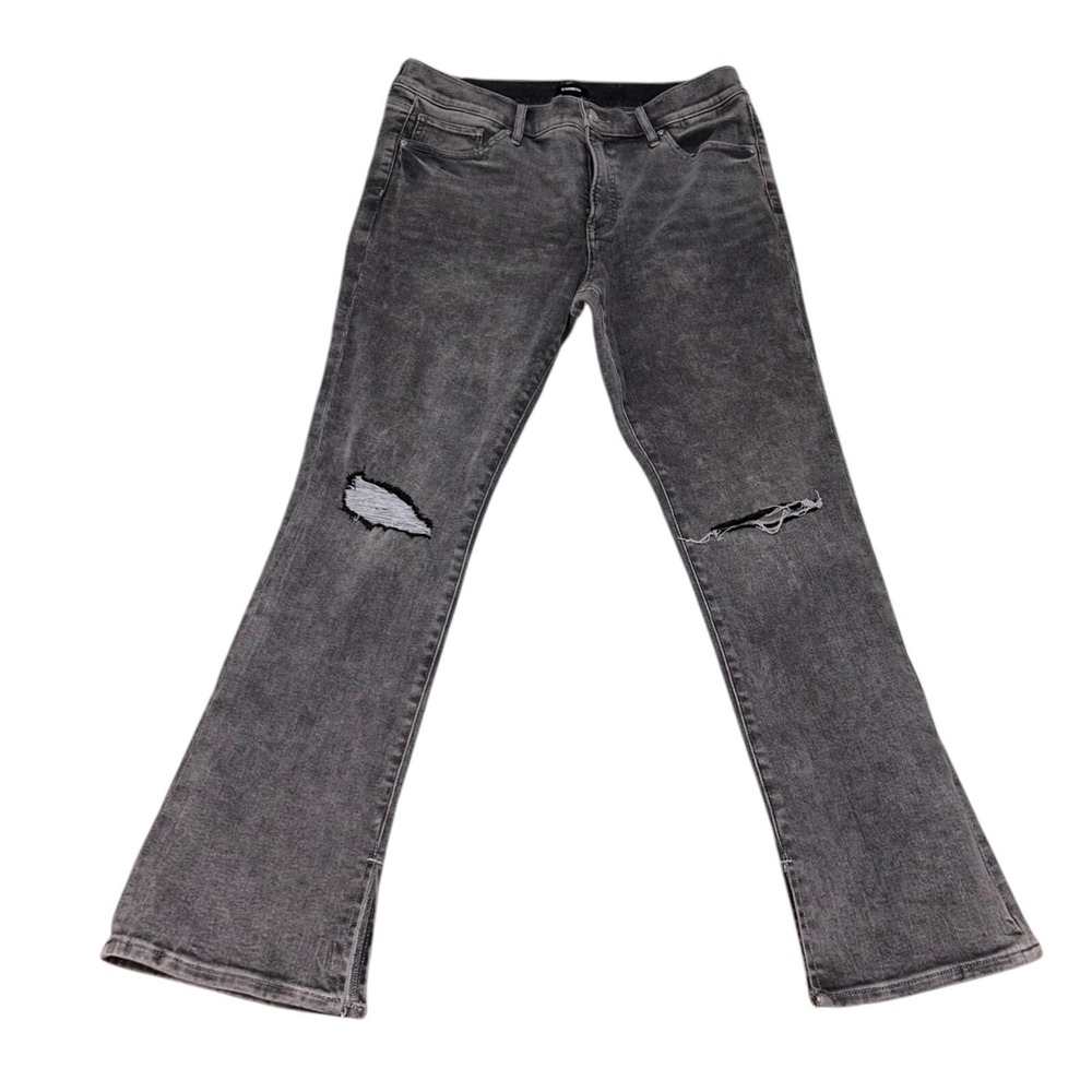 Express Skyscraper Jeans Distressed‎ Ripped Knee Slit Hem Gray Wash Size 14S